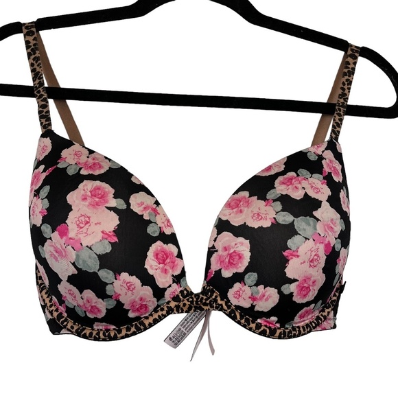 Victoria's Secret Other - VICTORIA'S SECRET PUSH UP Black Pink Floral Leopard Print Underwire Bra 34DD